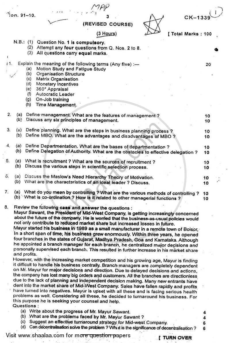 Management and Organizational Development 2009-2010 - B.Com. - 3rd Year (TYBcom) - University of Mumbai question paper with PDF download