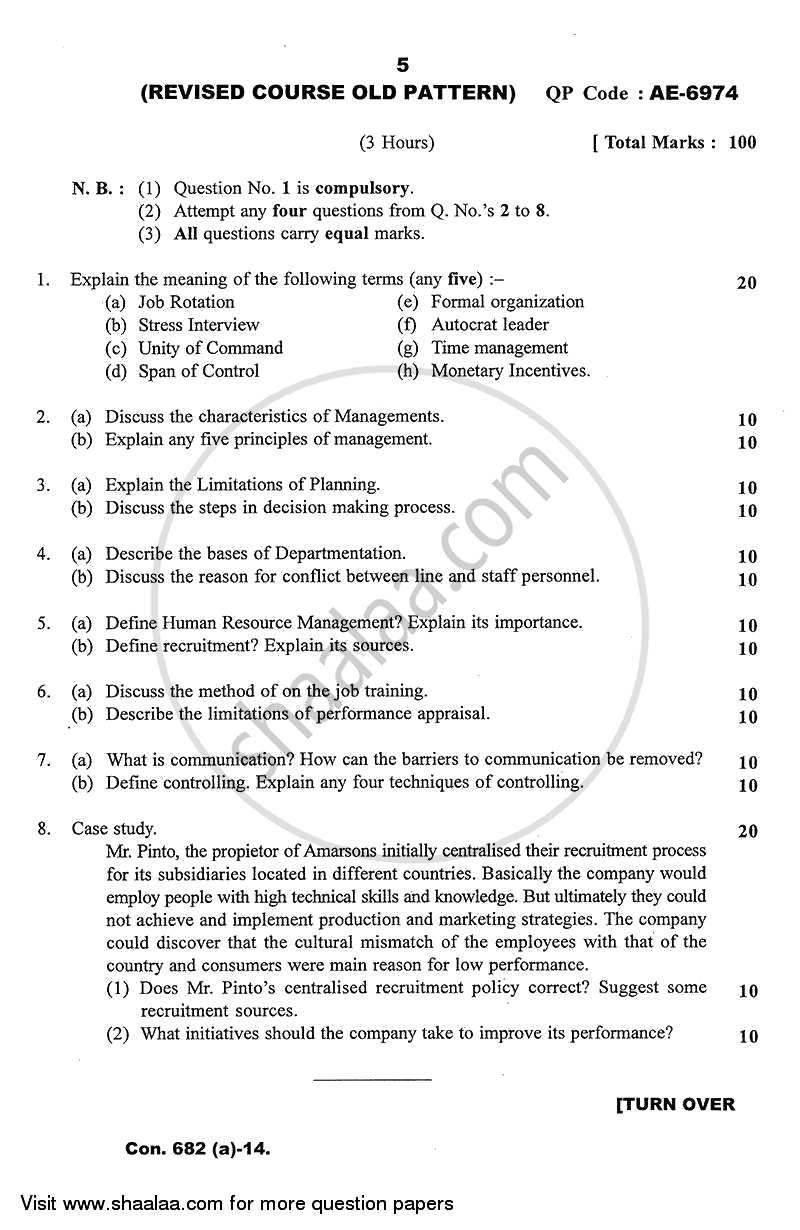 Management and Organizational Development 2013-2014 - B.Com. - 3rd Year (TYBcom) - University of Mumbai question paper with PDF download