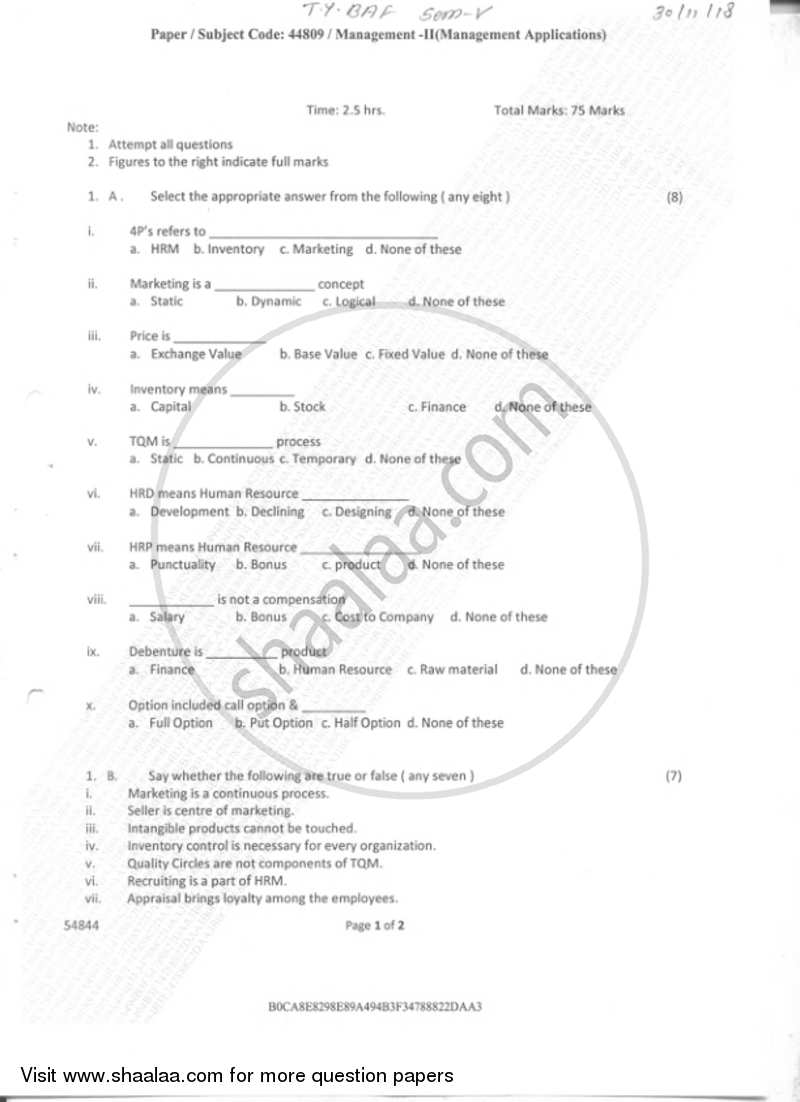 Management Paper 2 (Management Applications) 2018-2019 - B.Com. - Semester 5 (TYBAF) - University of Mumbai question paper with PDF download