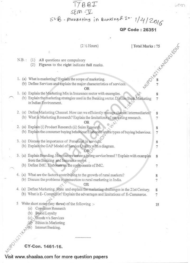 Marketing in Banking and Insurance 2015-2016 - B.Com. - Semester 5 (TYBBI) - University of Mumbai question paper with PDF download