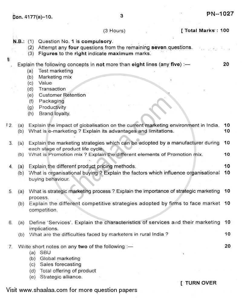 Marketing Management 2010-2011 - B.Com. - 3rd Year (TYBcom) - University of Mumbai question paper with PDF download