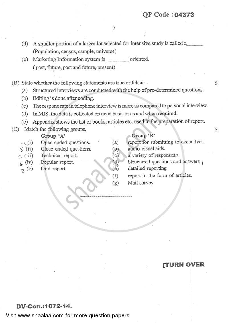 Marketing Research (Applied Component Group) 2014-2015 - B.Com. - Semester 5 (TYBcom) - University of Mumbai question paper with PDF download