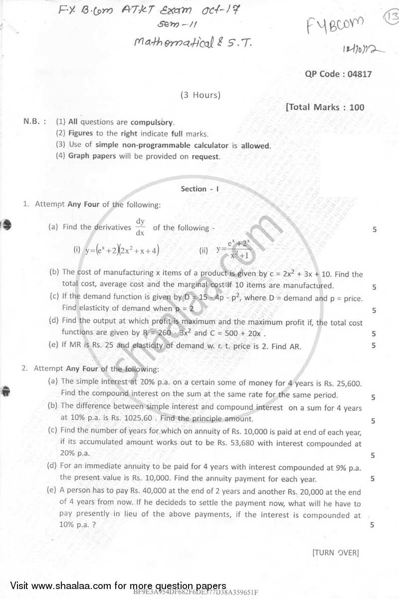 Mathematical and Statistical Techniques 2 2016-2017 - B.Com. - Semester 2 (FYBcom) - University of Mumbai question paper with PDF download