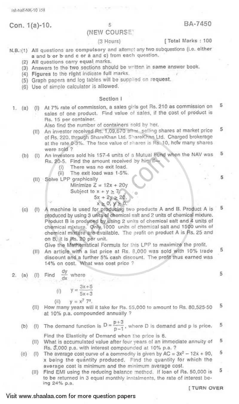 Mathematical and Statistical Techniques 2009-2010 - B.Com. - 1st Year (FYBcom) - University of Mumbai question paper with PDF download