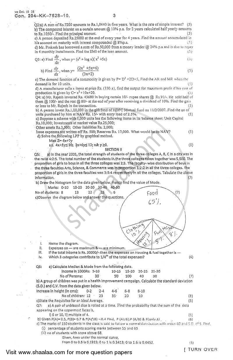 Mathematical and Statistical Techniques 2010-2011 - B.Com. - 1st Year (FYBcom) - University of Mumbai question paper with PDF download