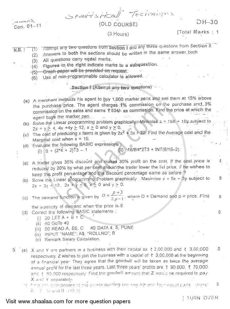 Mathematical and Statistical Techniques 2010-2011 - B.Com. - 1st Year (FYBcom) - University of Mumbai question paper with PDF download