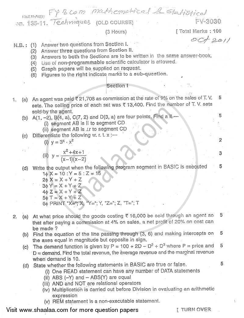 Mathematical and Statistical Techniques 2011-2012 - B.Com. - 1st Year (FYBcom) - University of Mumbai question paper with PDF download