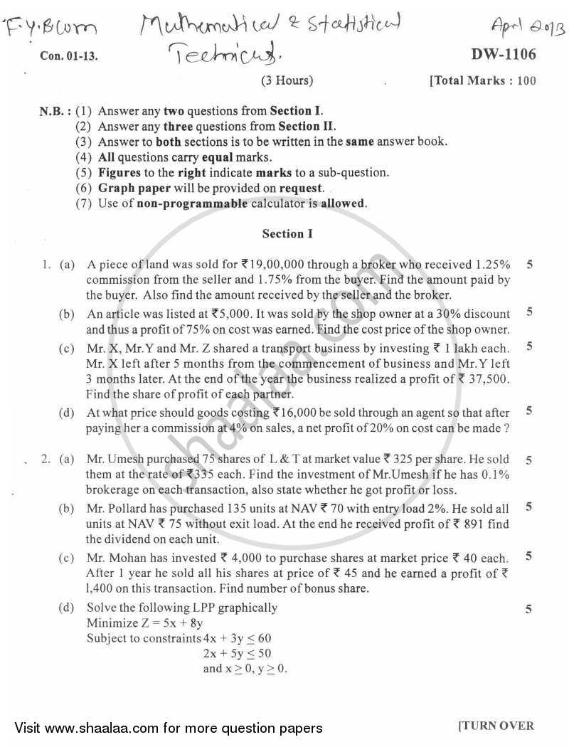 Mathematical and Statistical Techniques 2012-2013 - B.Com. - 1st Year (FYBcom) - University of Mumbai question paper with PDF download