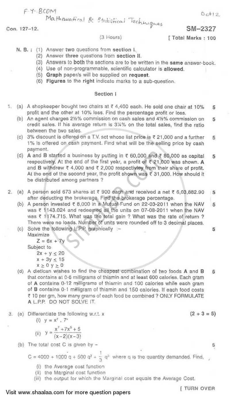 Mathematical and Statistical Techniques 2012-2013 - B.Com. - 1st Year (FYBcom) - University of Mumbai question paper with PDF download