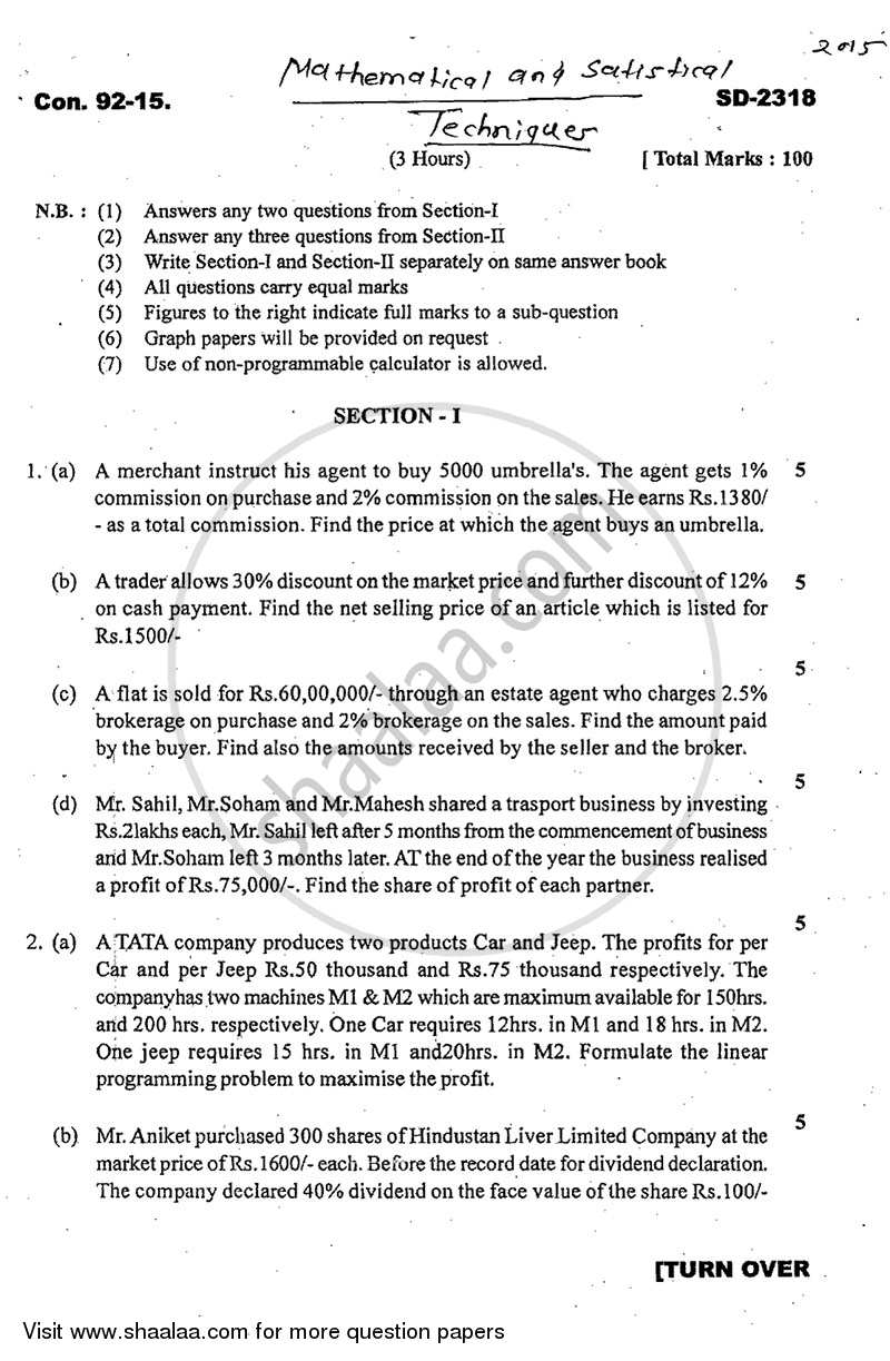 Mathematical and Statistical Techniques 2014-2015 - B.Com. - 1st Year (FYBcom) - University of Mumbai question paper with PDF download