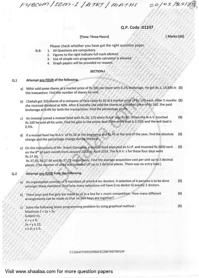 Mathematical and Statistical Techniques 2016-2017 - B.Com. - Semester 1 (FYBcom) - University of Mumbai question paper with PDF download