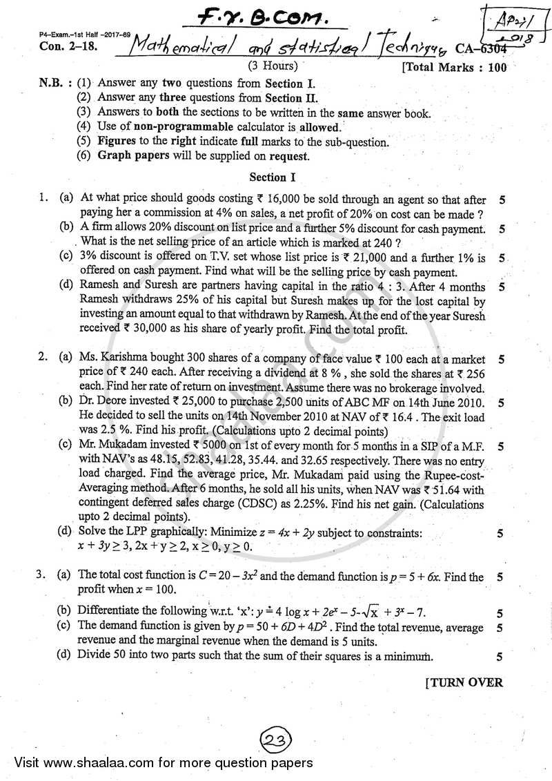 Mathematical and Statistical Techniques 2017-2018 - B.Com. - Semester 2 (FYBcom) - University of Mumbai question paper with PDF download