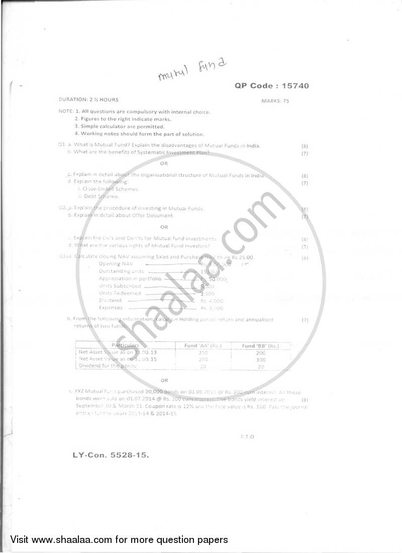 Mutual Fund Management 2014-2015 - B.Com. - Semester 6 (TYBFM) - University of Mumbai question paper with PDF download