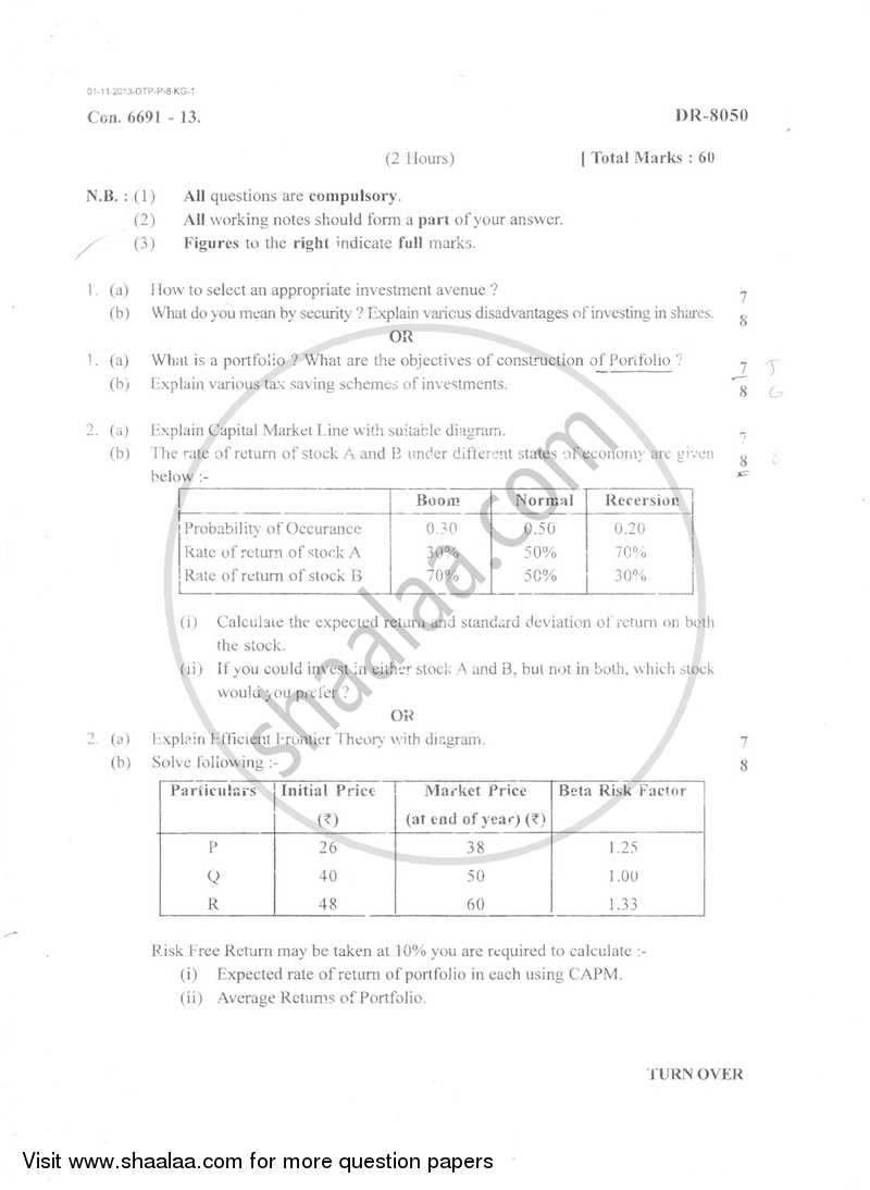 Portfolio Management 2013-2014 - B.Com. - Semester 5 (TYBFM) - University of Mumbai question paper with PDF download