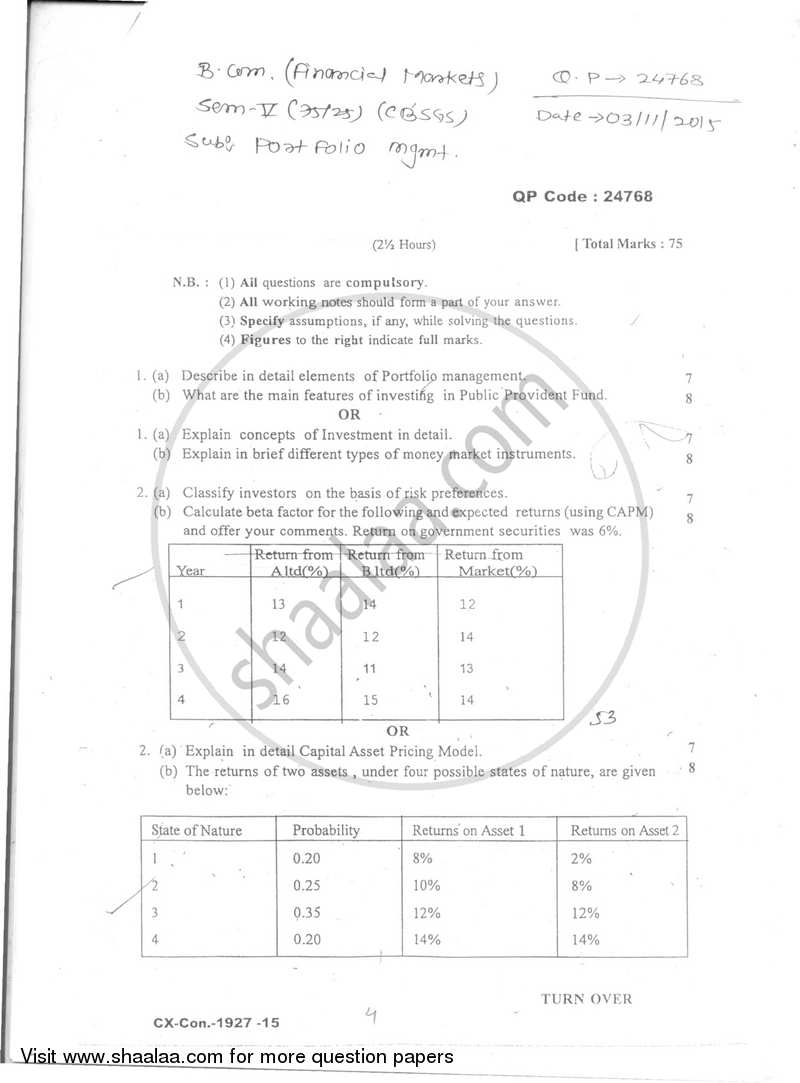 Portfolio Management 2015-2016 - B.Com. - Semester 5 (TYBFM) - University of Mumbai question paper with PDF download