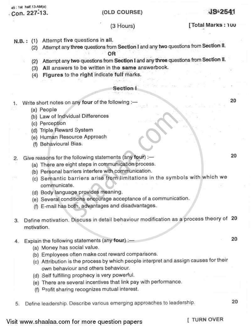 Psychology for Human Behaviour at Work 2012-2013 - B.Com. - 3rd Year (TYBcom) - University of Mumbai question paper with PDF download