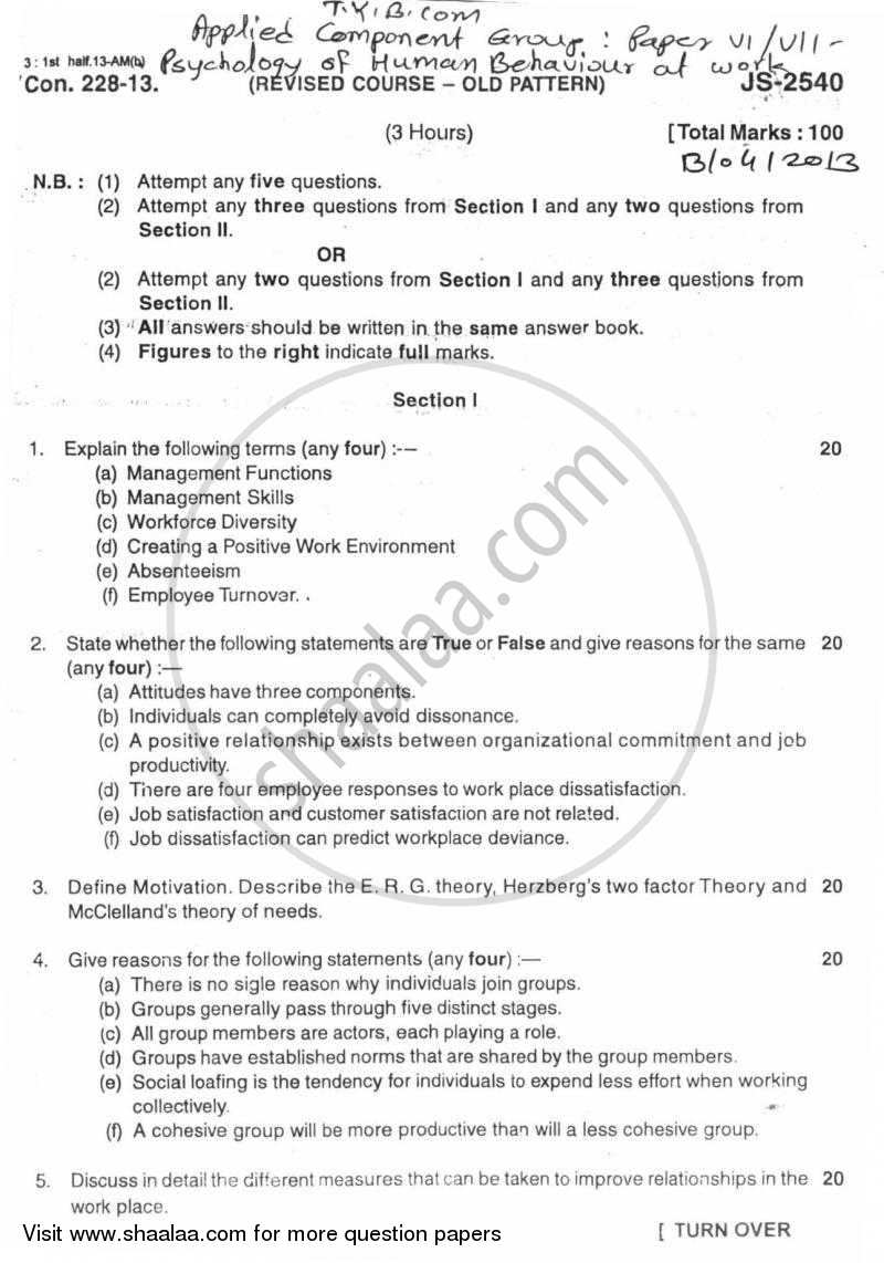 Psychology for Human Behaviour at Work 2012-2013 - B.Com. - 3rd Year (TYBcom) - University of Mumbai question paper with PDF download