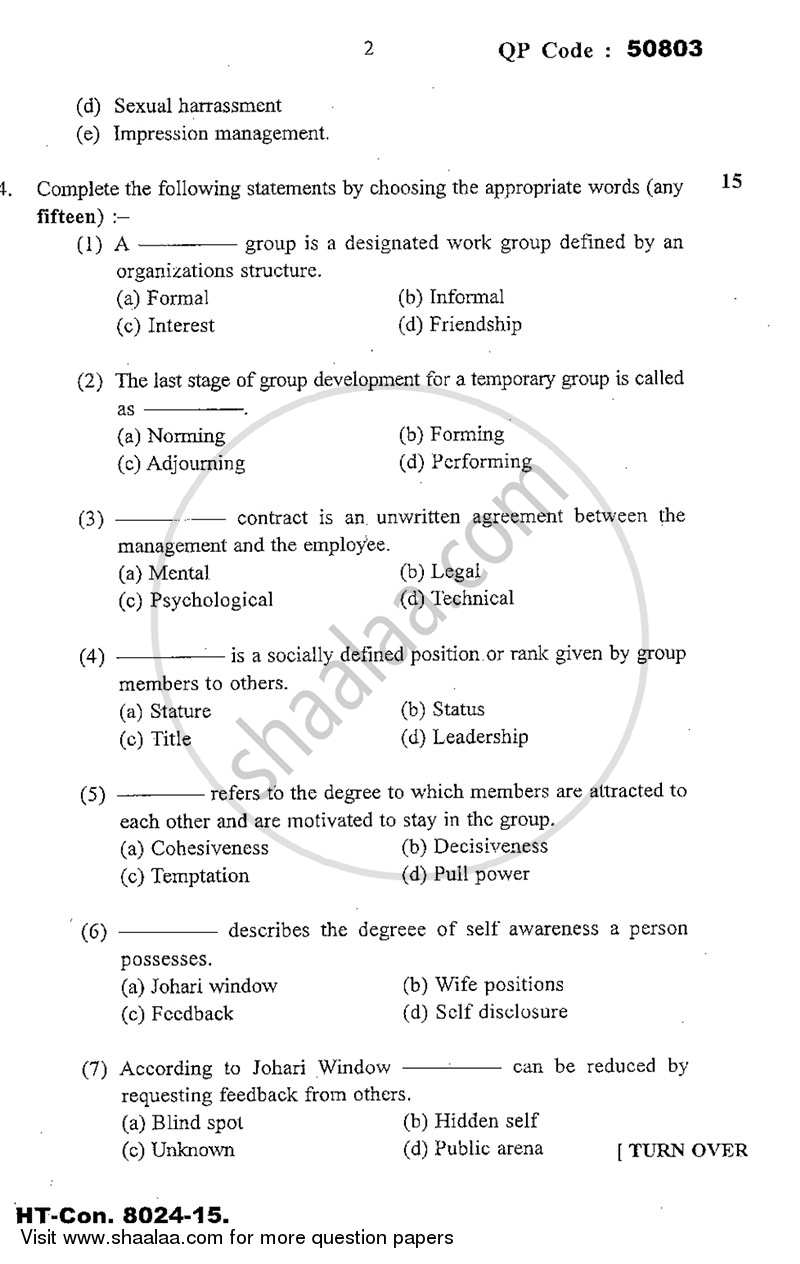 Psychology for Human Behaviour at Work 2014-2015 - B.Com. - 3rd Year (TYBcom) - University of Mumbai question paper with PDF download