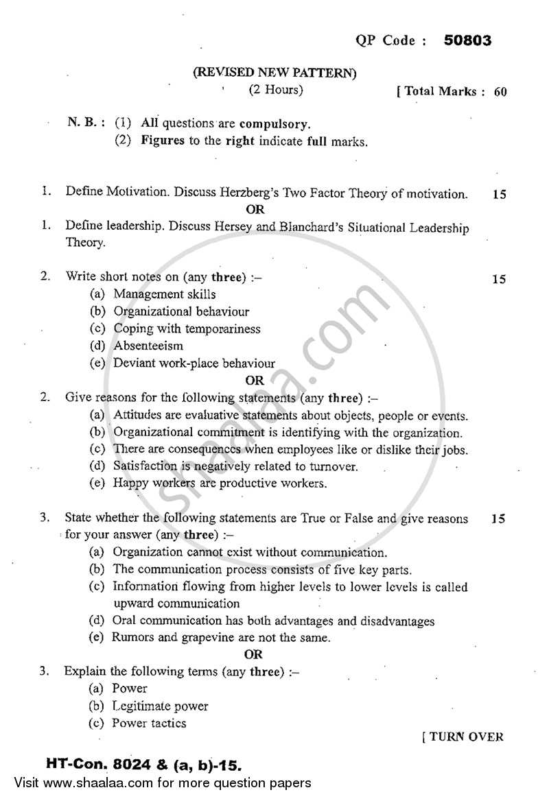 Psychology for Human Behaviour at Work 2014-2015 - B.Com. - 3rd Year (TYBcom) - University of Mumbai question paper with PDF download