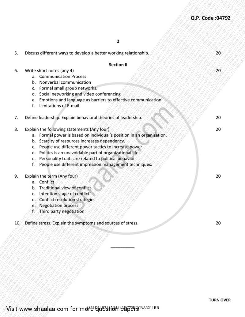 Psychology for Human Behaviour at Work 2016-2017 - B.Com. - 3rd Year (TYBcom) - University of Mumbai question paper with PDF download