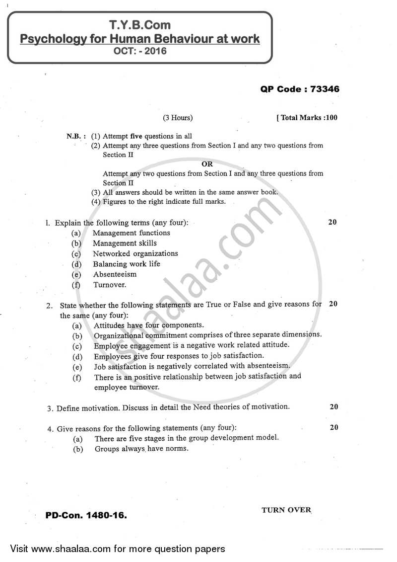 Psychology for Human Behaviour at Work 2016-2017 - B.Com. - 3rd Year (TYBcom) - University of Mumbai question paper with PDF download