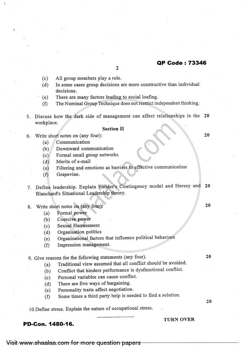 Psychology for Human Behaviour at Work 2016-2017 - B.Com. - 3rd Year (TYBcom) - University of Mumbai question paper with PDF download