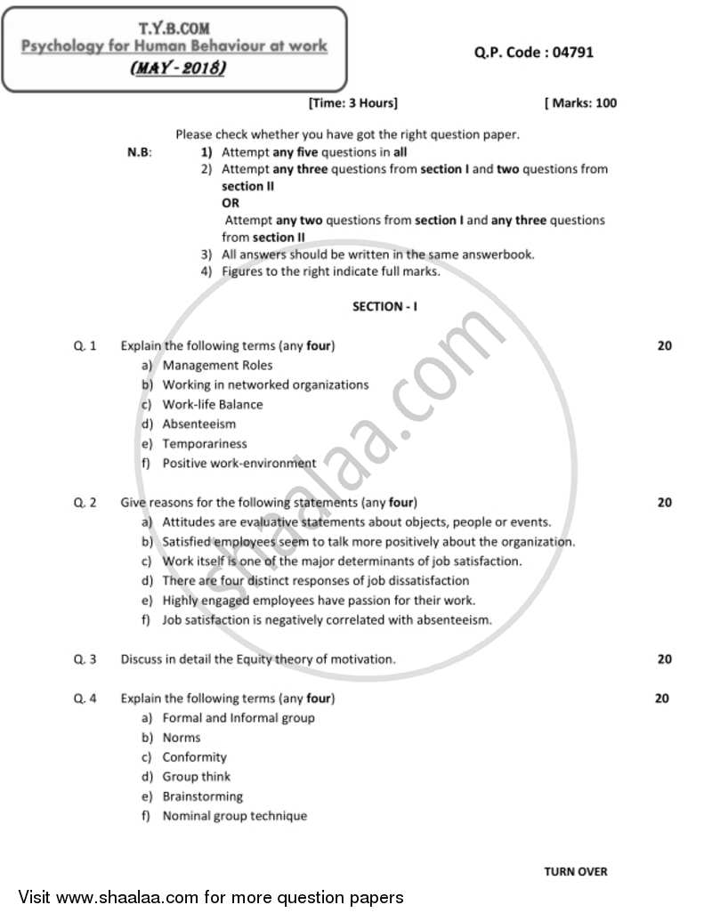 Psychology for Human Behaviour at Work 2017-2018 - B.Com. - 3rd Year (TYBcom) - University of Mumbai question paper with PDF download