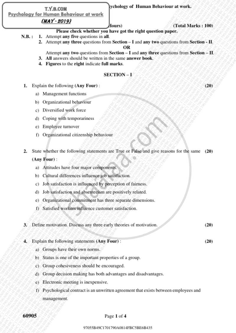 Psychology for Human Behaviour at Work 2018-2019 - B.Com. - 3rd Year (TYBcom) - University of Mumbai question paper with PDF download