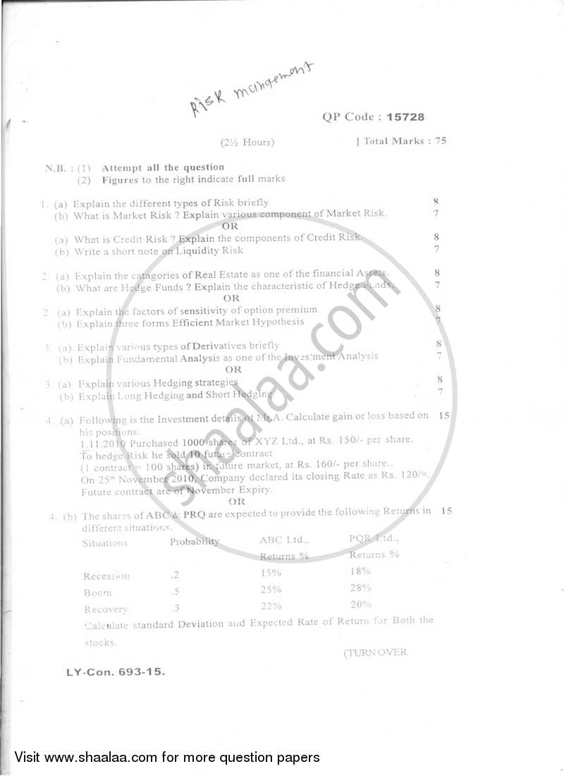 Risk Management 2014-2015 - B.Com. - Semester 6 (TYBFM) - University of Mumbai question paper with PDF download