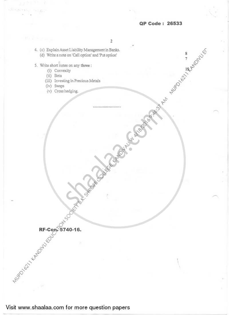 Risk Management 2015-2016 - B.Com. - Semester 6 (TYBFM) - University of Mumbai question paper with PDF download