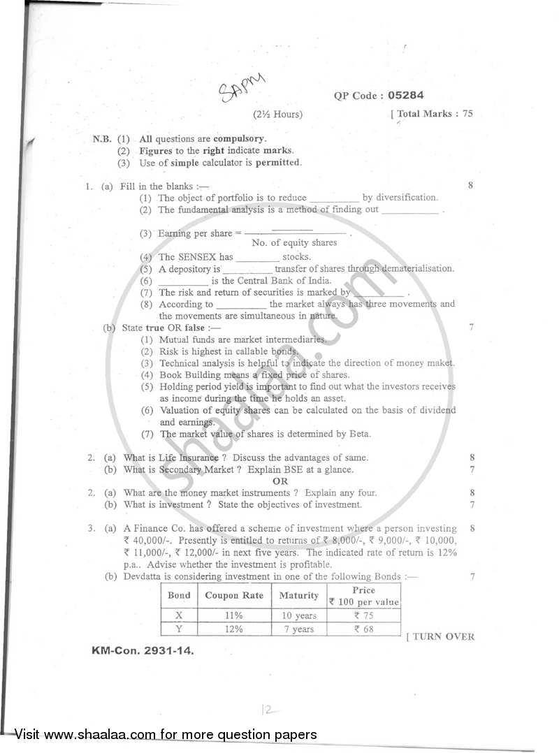 Security Analysis and Portfolio Management 2014-2015 - B.Com. - Semester 5 (TYBBI) - University of Mumbai question paper with PDF download