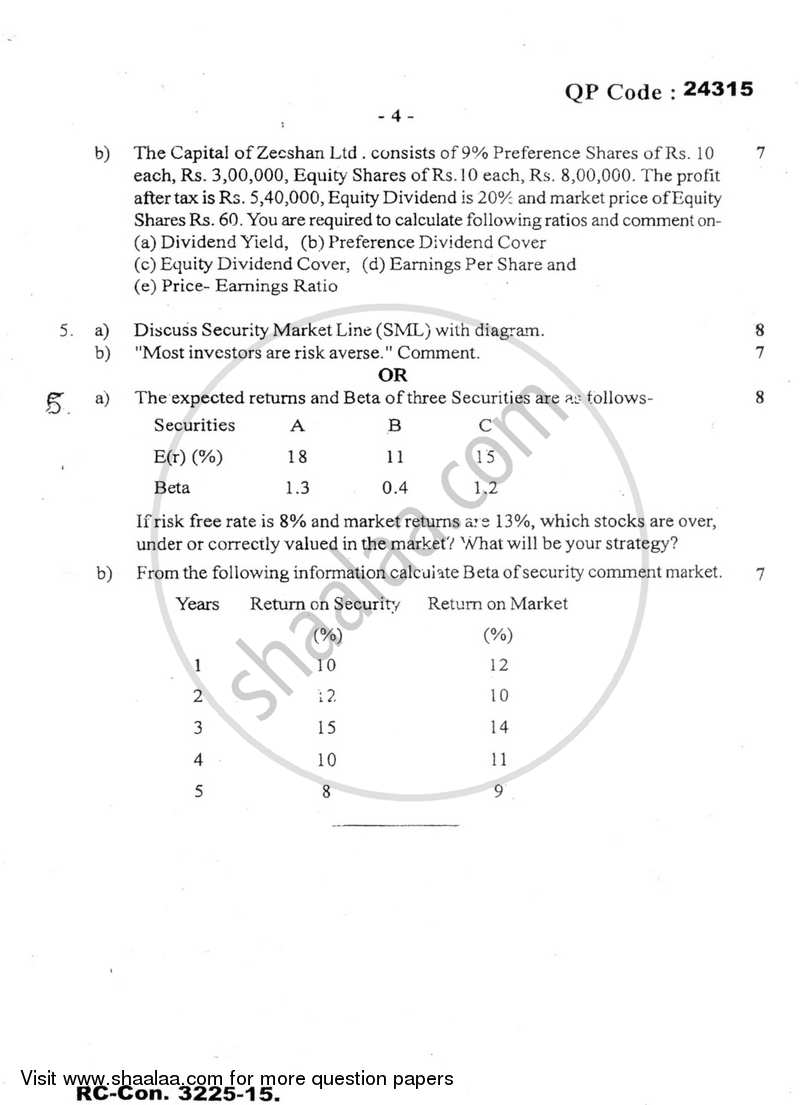 Security Analysis and Portfolio Management 2015-2016 - B.Com. - Semester 5 (TYBBI) - University of Mumbai question paper with PDF download