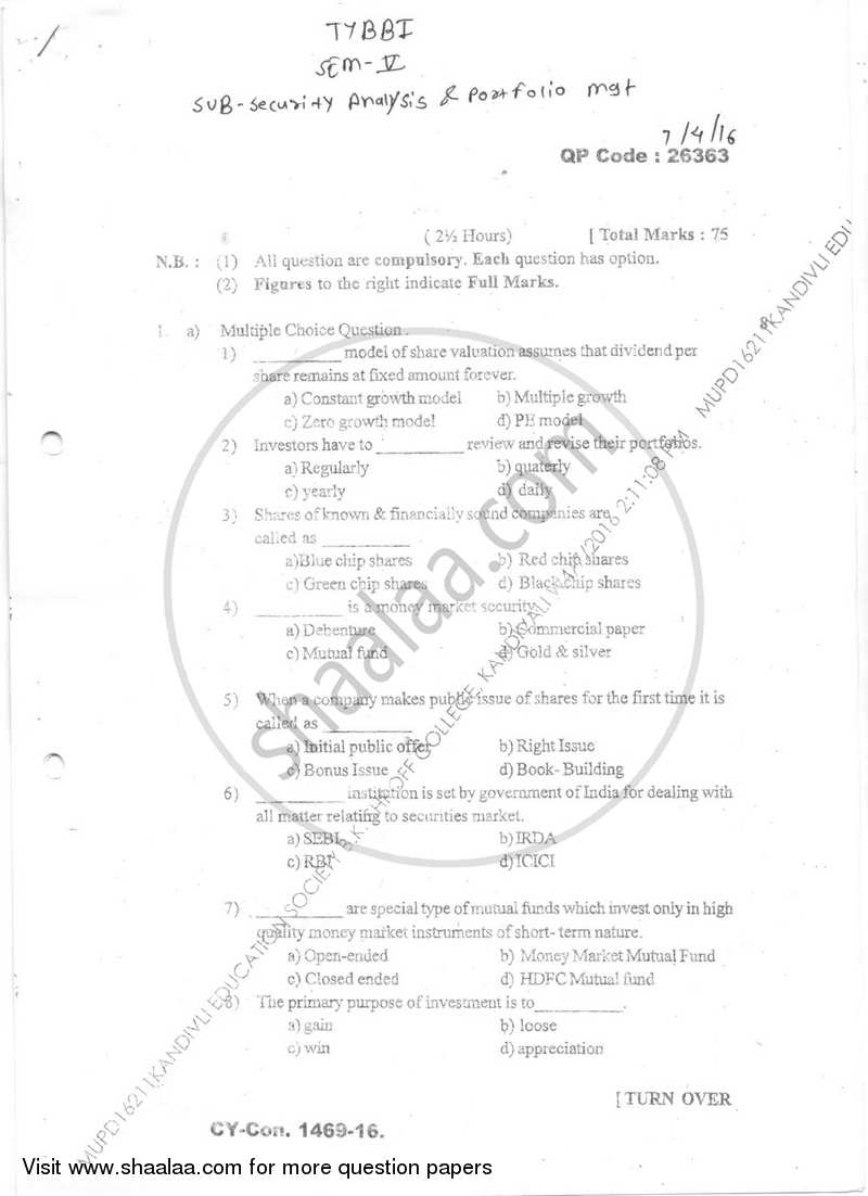 Security Analysis and Portfolio Management 2015-2016 - B.Com. - Semester 5 (TYBBI) - University of Mumbai question paper with PDF download