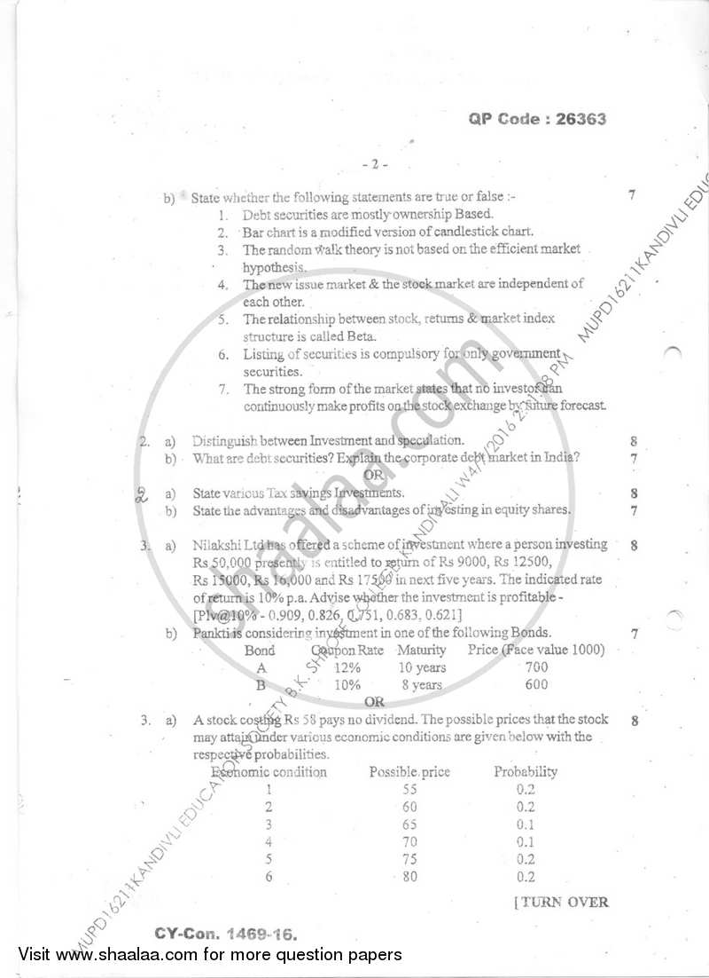 Security Analysis and Portfolio Management 2015-2016 - B.Com. - Semester 5 (TYBBI) - University of Mumbai question paper with PDF download