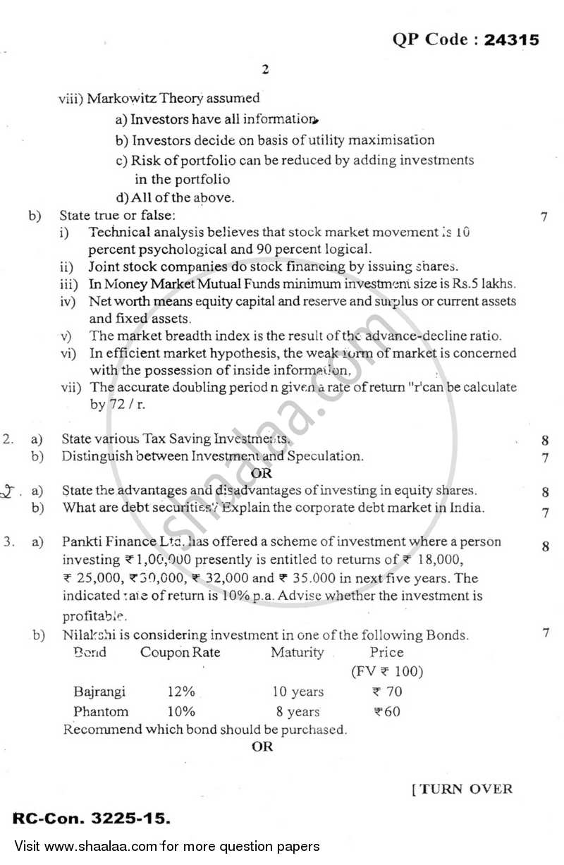 Security Analysis and Portfolio Management 2015-2016 - B.Com. - Semester 5 (TYBBI) - University of Mumbai question paper with PDF download
