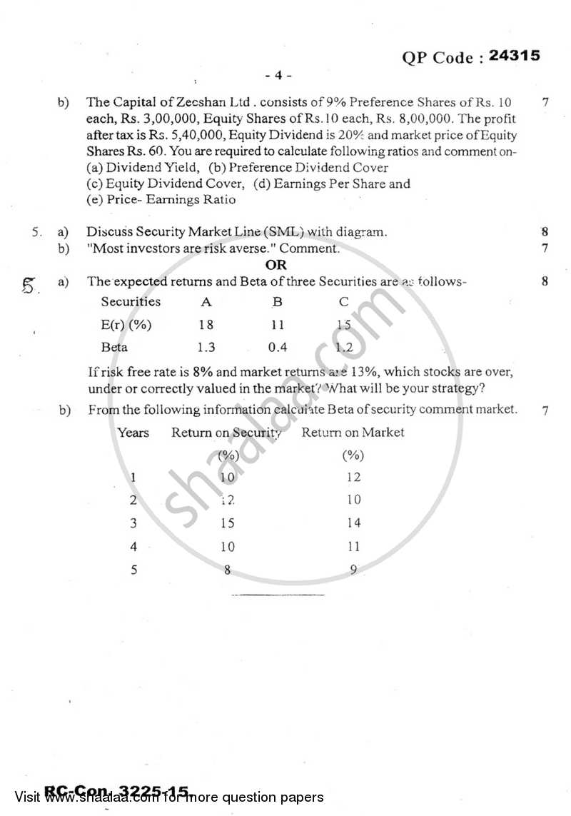 Security Analysis and Portfolio Management 2015-2016 - B.Com. - Semester 5 (TYBBI) - University of Mumbai question paper with PDF download
