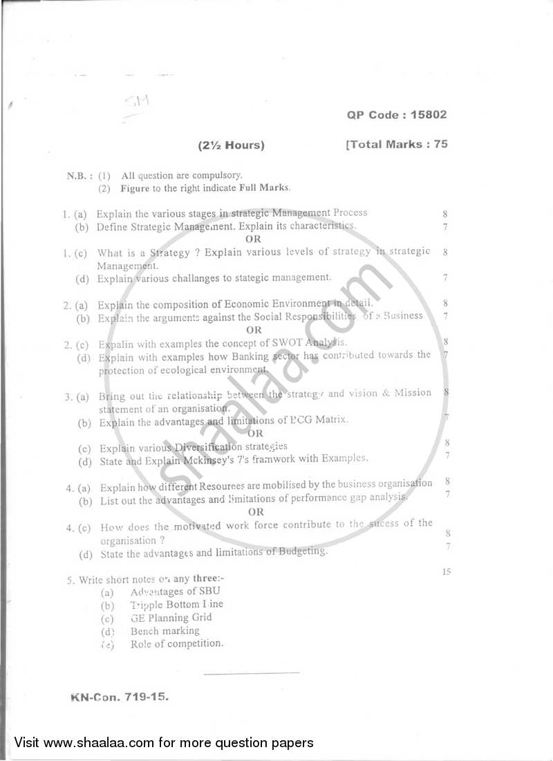 Strategic Management 2014-2015 - B.Com. - Semester 6 (TYBBI) - University of Mumbai question paper with PDF download