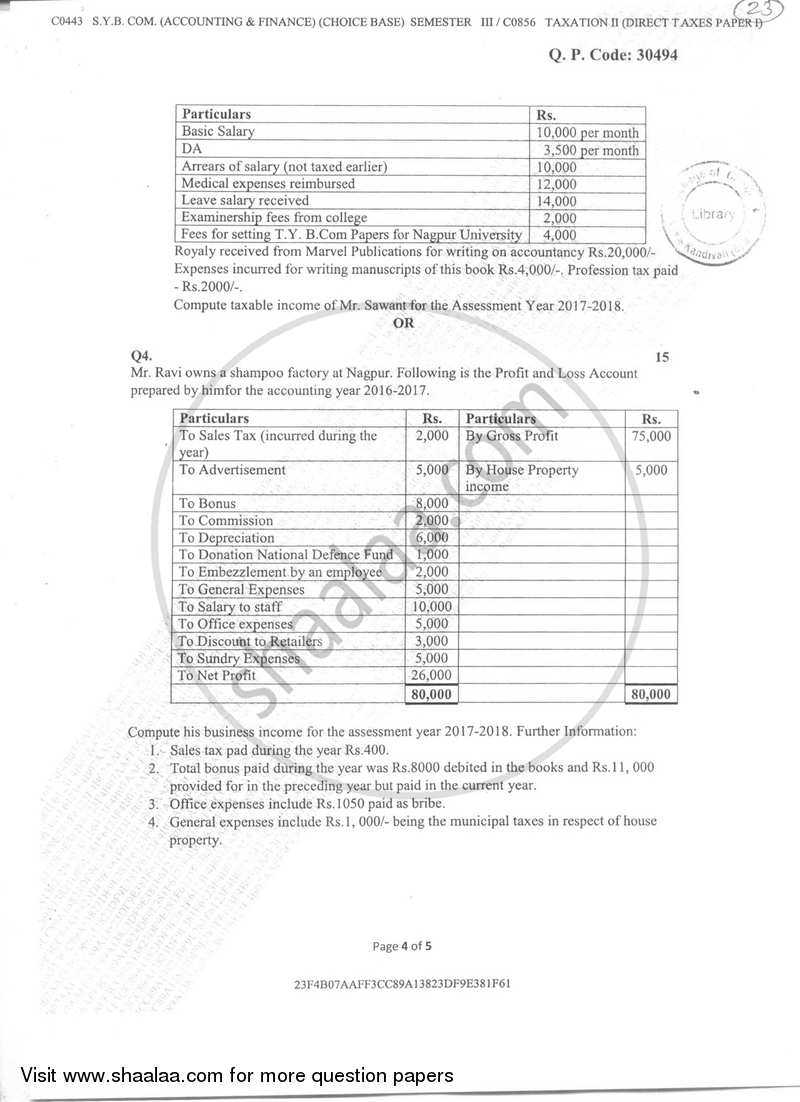 Taxation 2 (Direct Taxes Paper 1) 2017-2018 - B.Com. - Semester 3 (SYBAF) - University of Mumbai question paper with PDF download