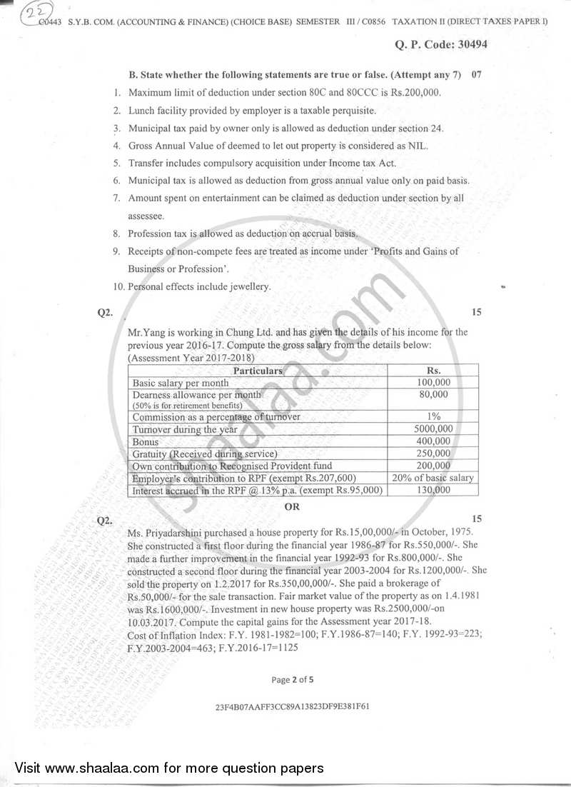 Taxation 2 (Direct Taxes Paper 1) 2017-2018 - B.Com. - Semester 3 (SYBAF) - University of Mumbai question paper with PDF download