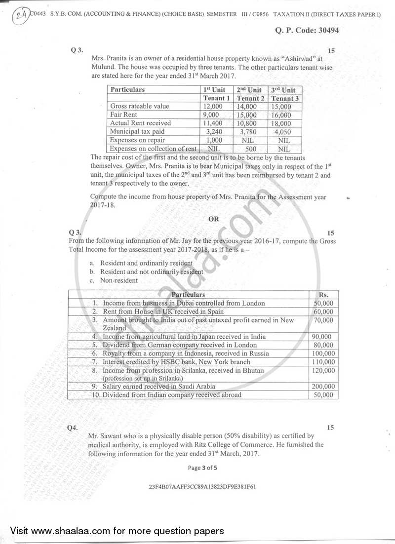 Taxation 2 (Direct Taxes Paper 1) 2017-2018 - B.Com. - Semester 3 (SYBAF) - University of Mumbai question paper with PDF download