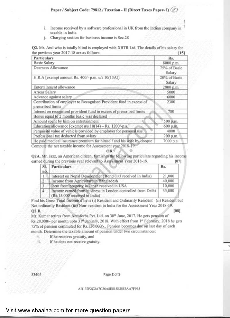 Taxation 2 (Direct Taxes Paper 1) 2018-2019 - B.Com. - Semester 3 (SYBAF) - University of Mumbai question paper with PDF download