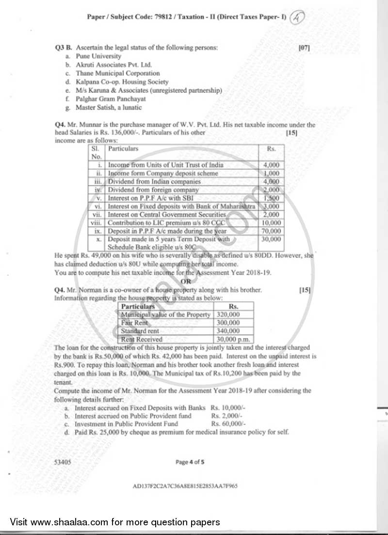 Taxation 2 (Direct Taxes Paper 1) 2018-2019 - B.Com. - Semester 3 (SYBAF) - University of Mumbai question paper with PDF download