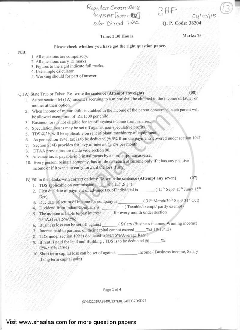 Taxation 3 (Direct Taxes Paper 2) 2017-2018 - B.Com. - Semester 4 (SYBAF) - University of Mumbai question paper with PDF download