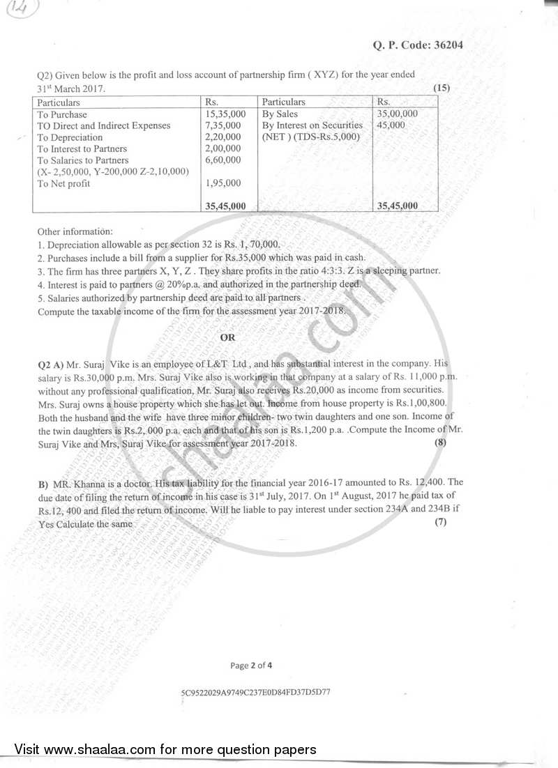 Taxation 3 (Direct Taxes Paper 2) 2017-2018 - B.Com. - Semester 4 (SYBAF) - University of Mumbai question paper with PDF download