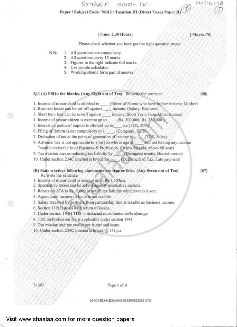 Taxation - 3 (Indirect Taxes- 3) 2018-2019 - B.Com. - Semester 4 (SYBAF) - University of Mumbai question paper with PDF download