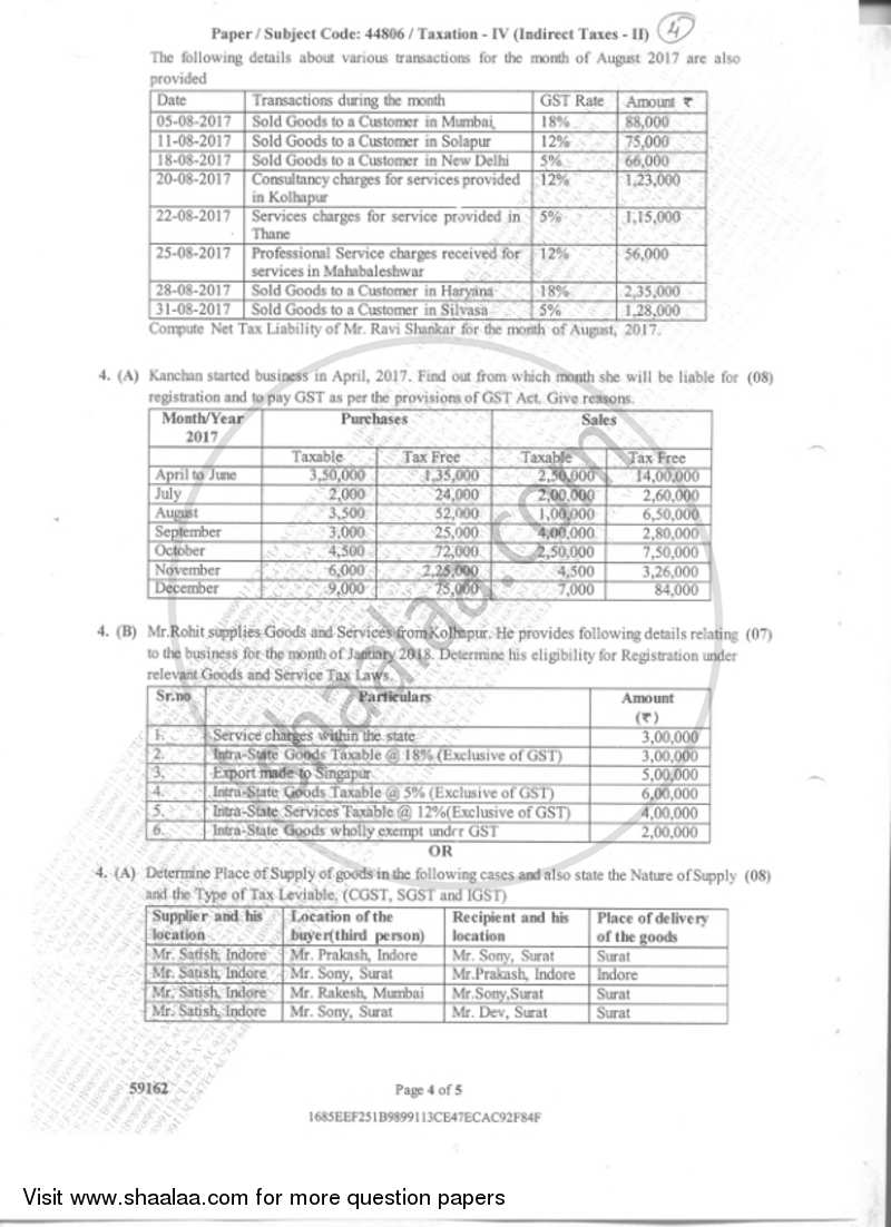 Taxation 4(Indirect Taxes 2) 2018-2019 - B.Com. - Semester 5 (TYBAF) - University of Mumbai question paper with PDF download