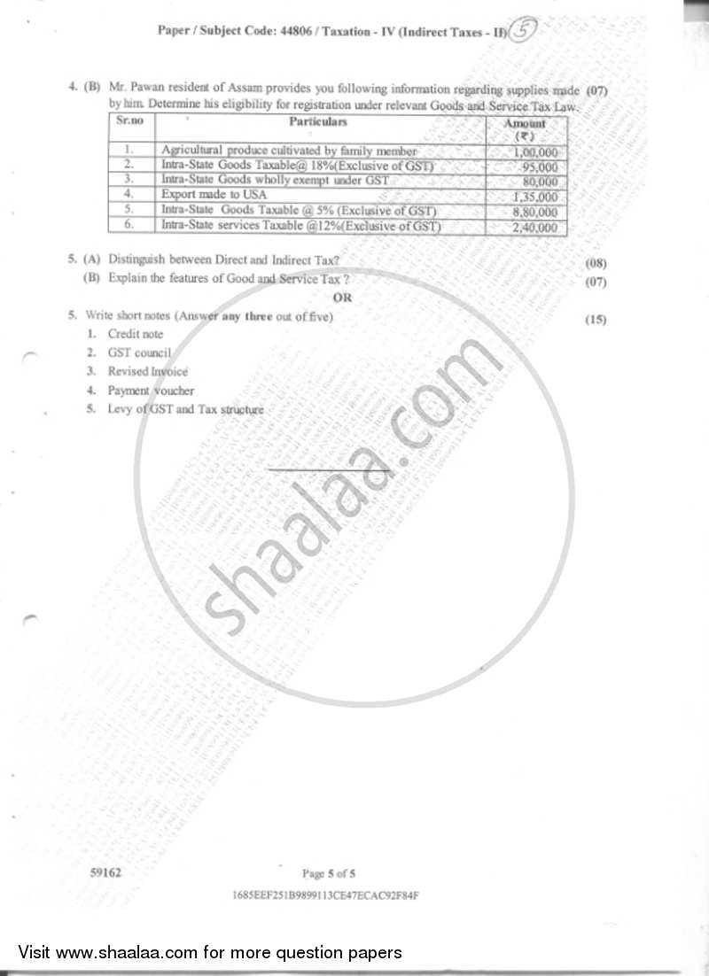 Taxation 4(Indirect Taxes 2) 2018-2019 - B.Com. - Semester 5 (TYBAF) - University of Mumbai question paper with PDF download