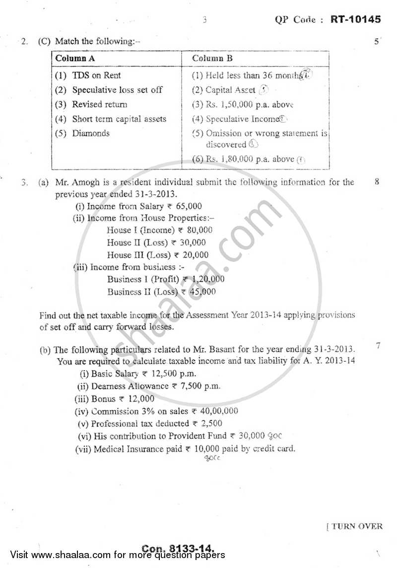 Taxation - 5 (Direct Taxes- 2) 2013-2014 - B.Com. - Semester 6 (TYBAF) - University of Mumbai question paper with PDF download