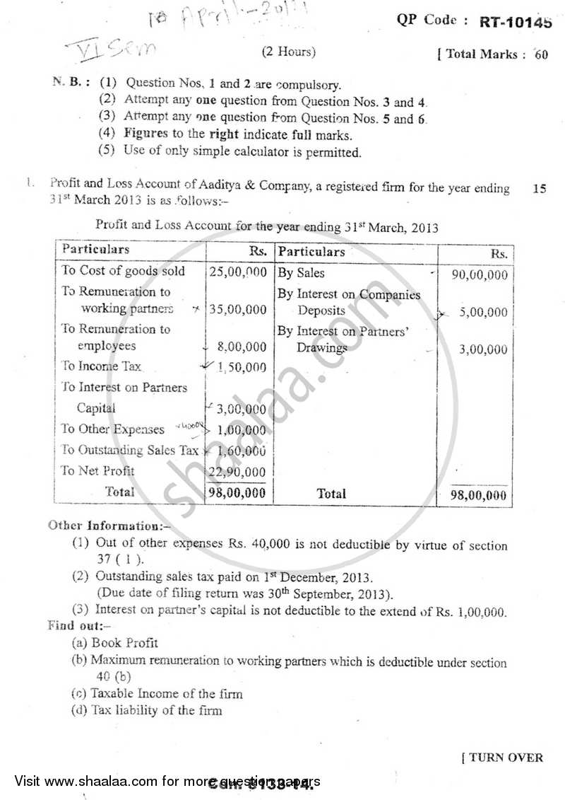 Taxation - 5 (Direct Taxes- 2) 2013-2014 - B.Com. - Semester 6 (TYBAF) - University of Mumbai question paper with PDF download