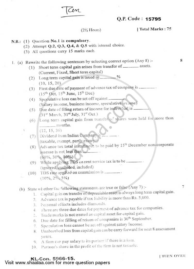 Taxation - 5 (Direct Taxes- 2) 2014-2015 - B.Com. - Semester 6 (TYBAF) - University of Mumbai question paper with PDF download